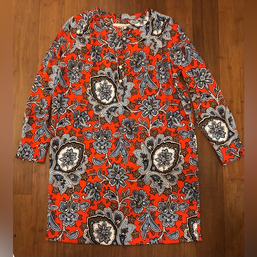 Loft Dress S / M Petite Red Orange Floral Boxy Slim Arm Tropical Henly